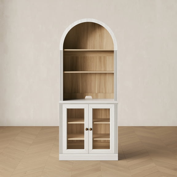 CHIC HOUSE 77" Arched Storage Cabinet with Hutch, Kitchen Pantry Cabinet with Acrylic Doors & Shelves, Bookcase Storage Cabinet, Buffet Sideboard Coffee Bar Display Cabinet for Living Room, White