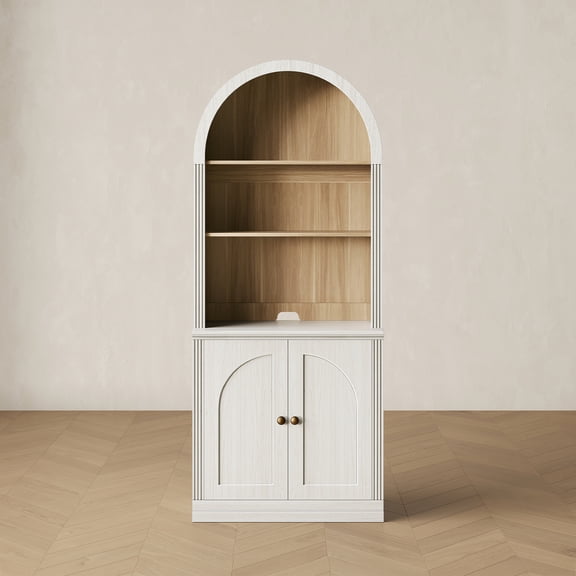 CHIC HOUSE 77" Arched Storage Cabinet with Hutch, Kitchen Pantry Cabinet with Doors & Shelves, Bookcase Storage Cabinet, Buffet Sideboard Coffee Bar Cabinet for Living Room, White