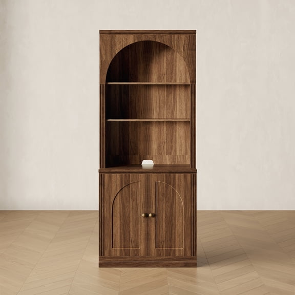 CHIC HOUSE 77" Tall Storage Cabinet with Hutch, Kitchen Pantry Cabinet with Doors & Shelves, Bookcase Storage Cabinet, Buffet Sideboard Coffee Bar Cabinet for Living Room, Walnut