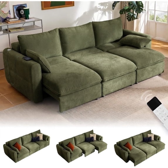 CHIC HOUSE 104" Electric Extendable Sofa Bed with Triple Motor, Convertible Smart Power Reclining Sleeper Sofa Deep Seat 3-Seat Couch with Solid Wood Frame in Velvet, Green