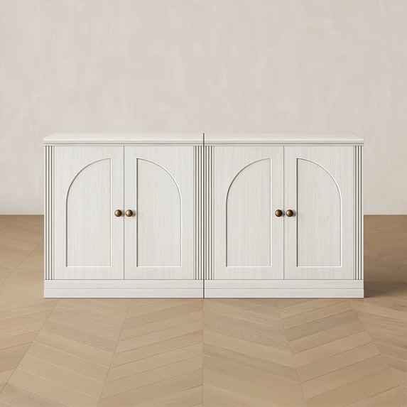 CHIC HOUSE 63" Storage Cabinet Set of 2 with Doors & Shelves, Modular Fluted Accent Arched Sideboard Buffet Cabinet, Coffee Bar Kitchen Pantry, Media Console Cabinet for Living Room, Bedroom, White