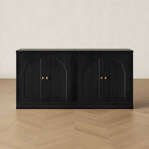CHIC HOUSE 63" Storage Cabinet Set of 2 with Doors & Shelves, Modular Fluted Accent Arched Sideboard Buffet Cabinet, Coffee Bar Kitchen Pantry, Media Console Cabinet for Living Room, Bedroom, Black