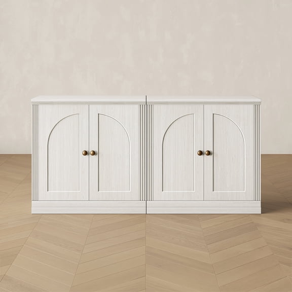 CHIC HOUSE 63" Storage Cabinet Set of 2 with Doors & Shelves, Modular Fluted Accent Arched Sideboard Buffet Cabinet, Coffee Bar Kitchen Pantry, Media Console Cabinet for Living Room, Bedroom, White