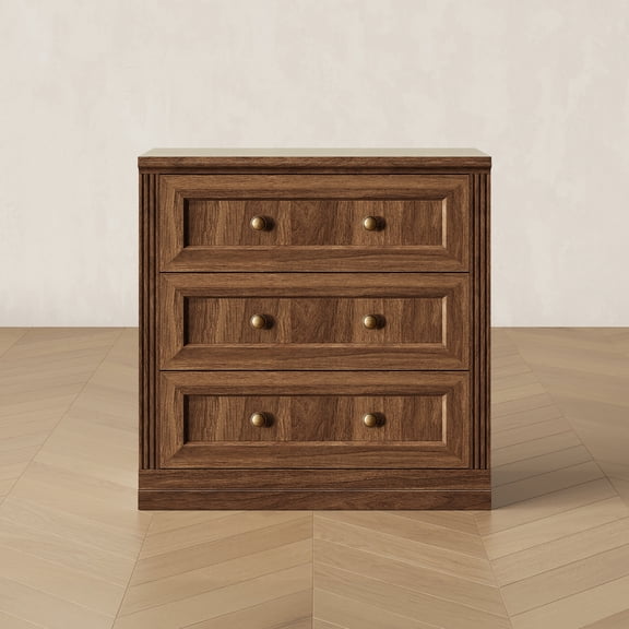 CHIC HOUSE Walnut 3 Drawer Dresser for Bedroom, Modular Fluted Wood Chest of Drawers, 32" Wide Farmhouse Storage Cabinet for Closet