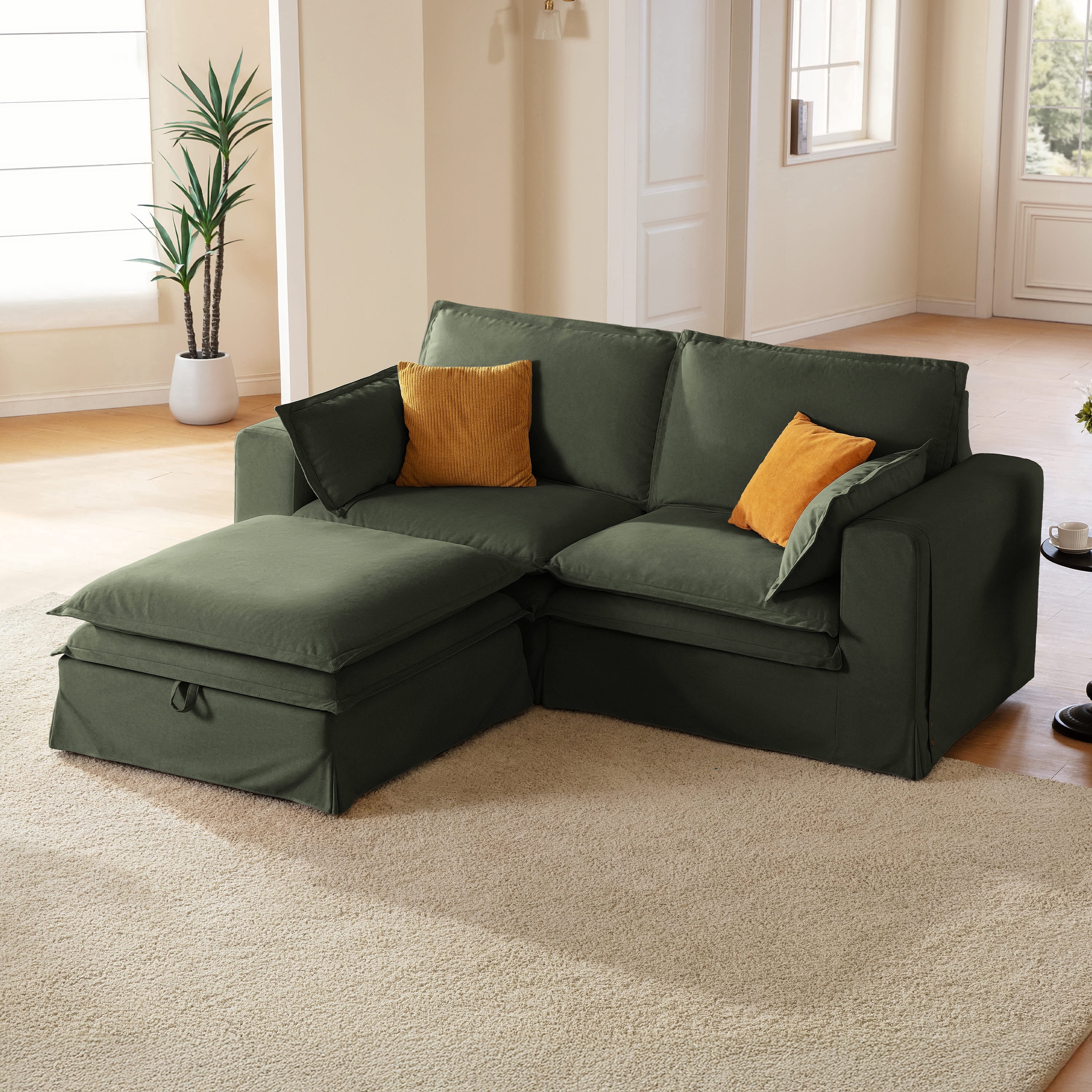 CHIC HOUSE Modular L-Shaped Loveseat Sofa with Reversible Storage Ottoman, Removable Washable Slipcover, Waterproof & Pet-Scratch-Resistant, Cloud Dual Cushions, 3-Seater for Living Room, Green