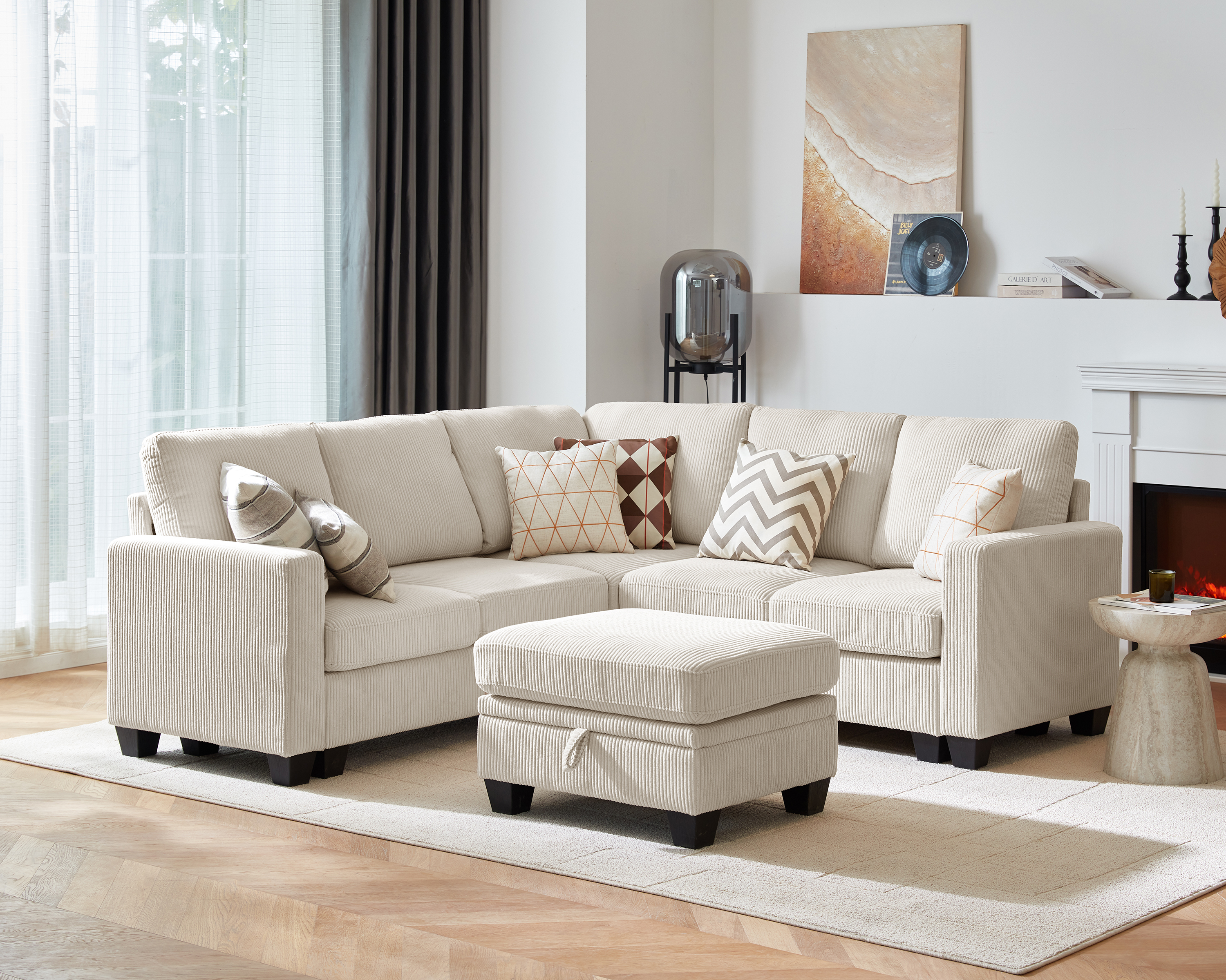 CHIC HOUSE 83" L Shaped Sectional Sofa with Storage Ottoman Chaise, Corduroy Sofa Convertible Sectional Couches for Living Room, 6 Seater Corner Modular Sofa with Deep Seat Throw Pillows, Beige