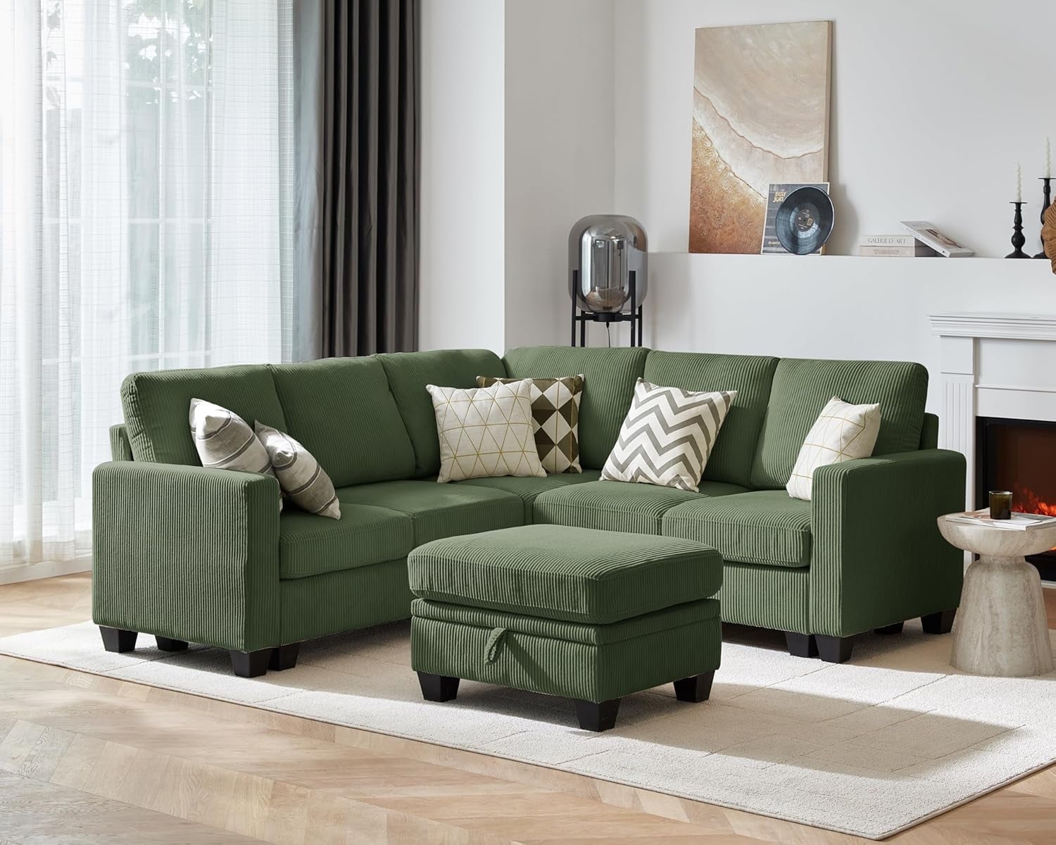 CHIC HOUSE Corduroy Modular Sectional Sofa With Ottoman - L-Shaped Sleeper, Dark Grey - View #3