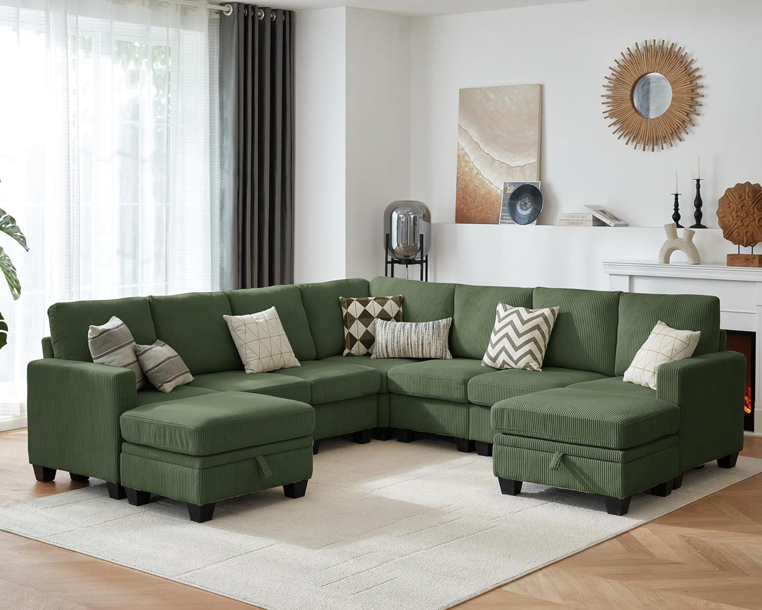 CHIC HOUSE 106" L Shaped Sectional Sofa with Storage Ottoman Chaise, Corduroy Sofa Convertible Sectional Couches for Living Room, 9 Seater Corner Modular Sofa with Deep Seat Throw Pillows, Green