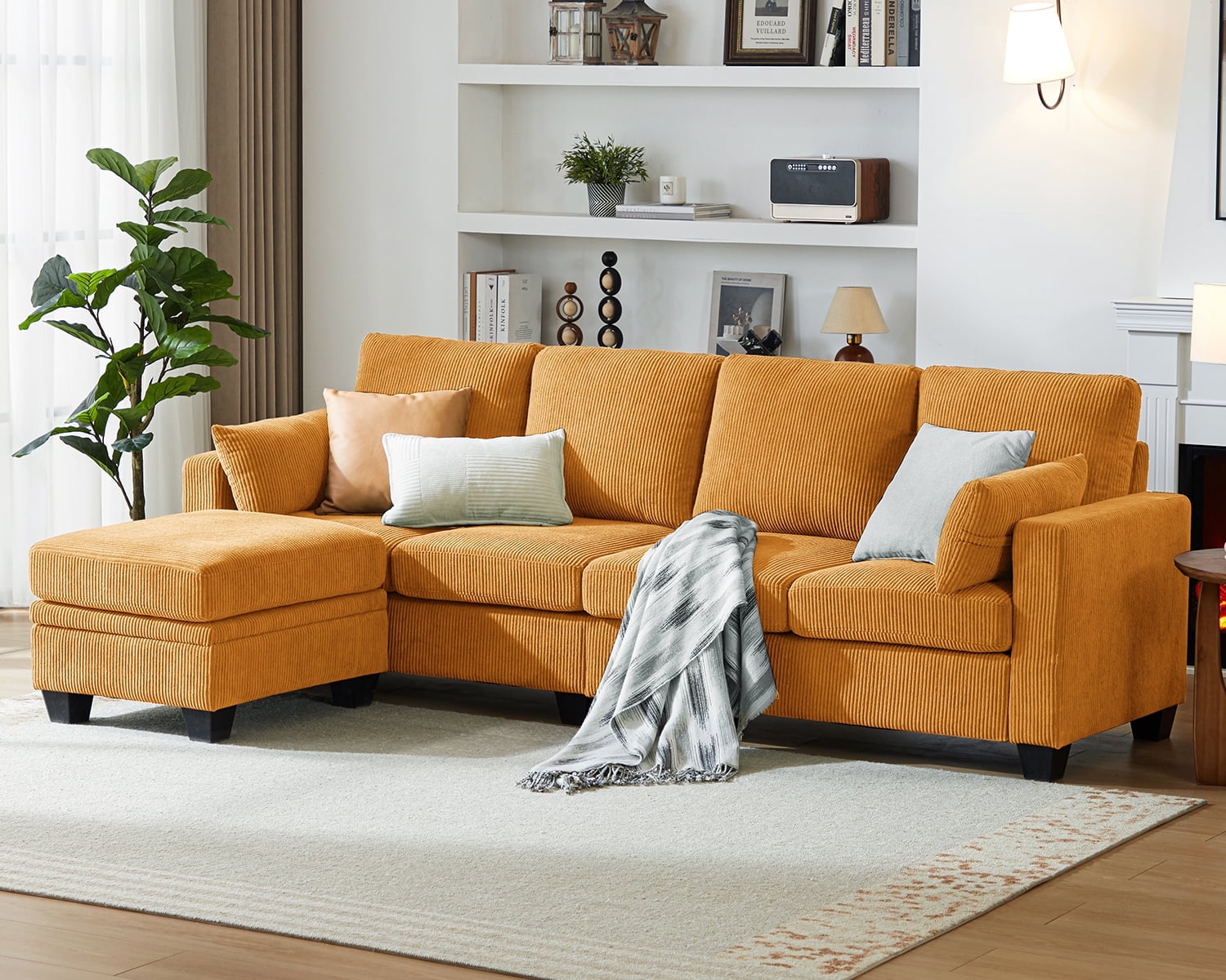 Yellow Corduroy Modular Sectional Sofa with Ottoman