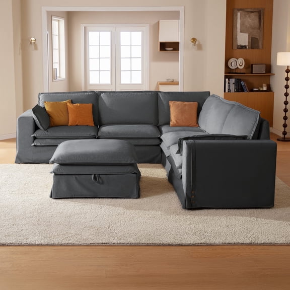 CHIC HOUSE Modular Sectional Sofa Set with Storage Ottoman, Removable Washable Slipcover, Waterproof & Pet-Scratch-Resistant, Cloud Dual-Layer Cushions, 6-Seater Corner Couch for Living Room, Gray