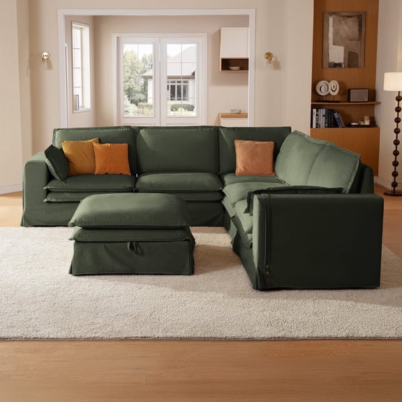 CHIC HOUSE Modular Sectional Sofa Set with Storage Ottoman, Removable Washable Slipcover, Waterproof & Pet-Scratch-Resistant, Cloud Dual-Layer Cushions, 6-Seater Corner Couch for Living Room, Green