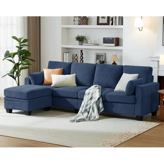 CHIC HOUSE 100" Modular Sectional Cloud Couch with Ottoman & Chaise, Oversized L-Shaped Corduroy Sofa Sleeper Couch with Storage for Living Room, Apartment, 4 Seats, Navy Blue
