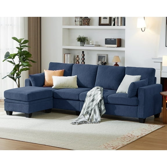 CHIC HOUSE 100" Modular Sectional Cloud Couch with Ottoman & Chaise, Oversized L-Shaped Corduroy Sofa Sleeper Couch with Storage for Living Room, Apartment, 4 Seats, Navy Blue