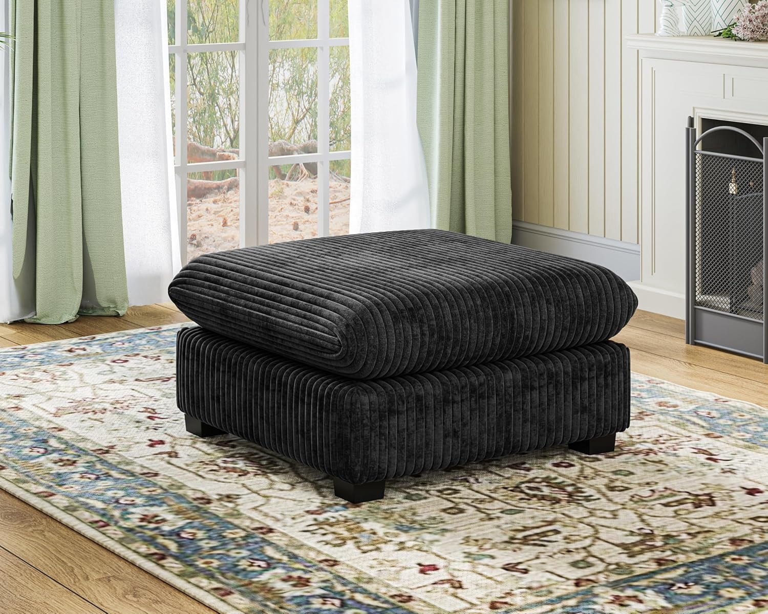 CHIC HOUSE Modular Sectional Ottoman,Plush Corduroy Upholstered Chaise Seat,Chenille Fabric Convertible Unit for Oversized Couch,Black