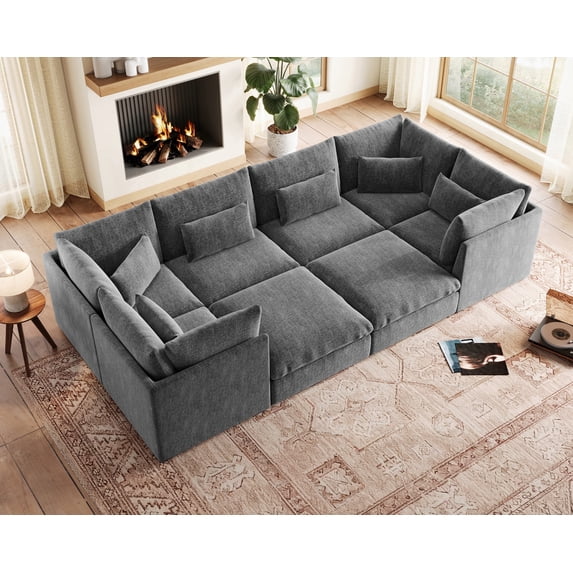 CHIC HOUSE Oversized Modular Sleeper Sofa, Extra Deep Cloud Sectional Couch with Ottoman Chaise, Fluffy Chenille 8 Seater Couch Bed for Living Room, Villa, Gray