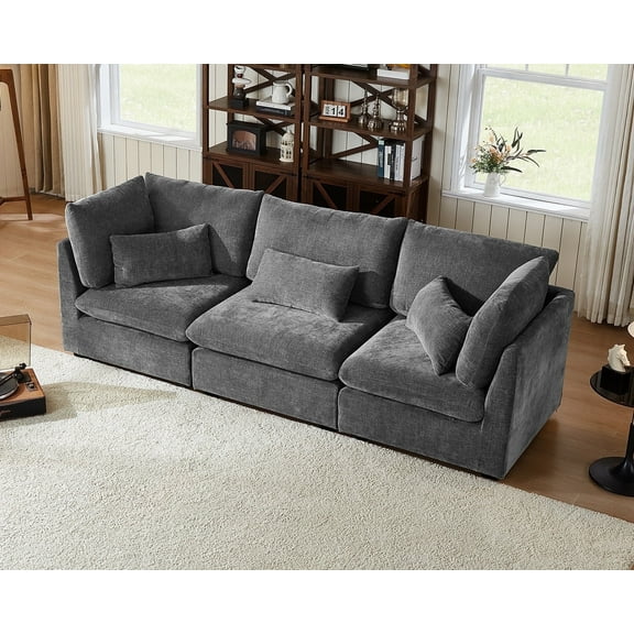 CHIC HOUSE Oversized Modular Sofa,Extra Deep Cloud Corduroy Sectional Couch with Ottoman Chaise,FSC Certified Fluffy Chenille 3 Seater Sofa for Living Room,Villa