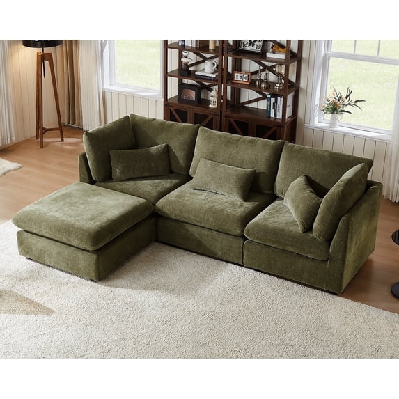 CHIC HOUSE Oversized Modular Sofa,Extra Deep Cloud Corduroy Sectional Couch with Ottoman Chaise,FSC Certified Fluffy Chenille 4 Seat L-Shaped Sofa for Living Room,Villa