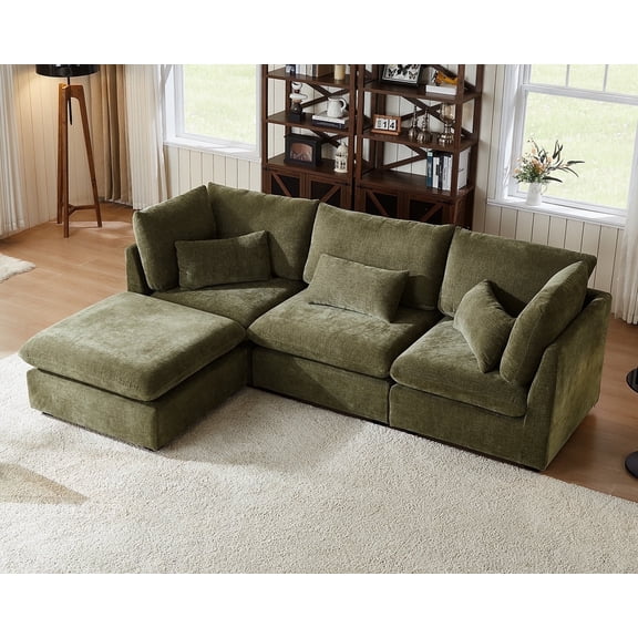 CHIC HOUSE Oversized Modular Sofa,Extra Deep Cloud Corduroy Sectional Couch with Ottoman Chaise,FSC Certified Fluffy Chenille 4 Seat L-Shaped Sofa for Living Room,Villa