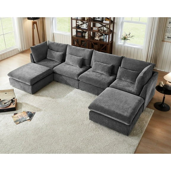 CHIC HOUSE Oversized Modular Sofa,Extra Deep Cloud Corduroy Sectional Couch with Ottoman Chaise,FSC Certified Fluffy Chenille 6 Seat U-Shaped Sofa for Living Room,Villa