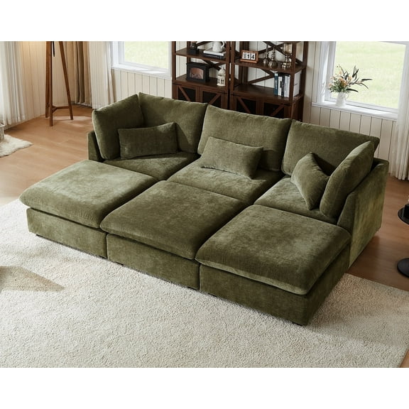 CHIC HOUSE Oversized Modular Sofa,Extra Deep Cloud Corduroy Sectional Couch with Ottoman Chaise,FSC Certified Fluffy Chenille 6 Seater Sofa Bed for Living Room,Villa
