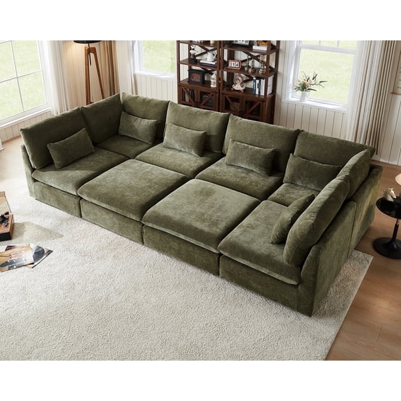 CHIC HOUSE Oversized Modular Sofa,Extra Deep Cloud Corduroy Sectional Couch with Ottoman Chaise,FSC Certified Fluffy Chenille 8 Seater Sofa Bed for Living Room,Villa