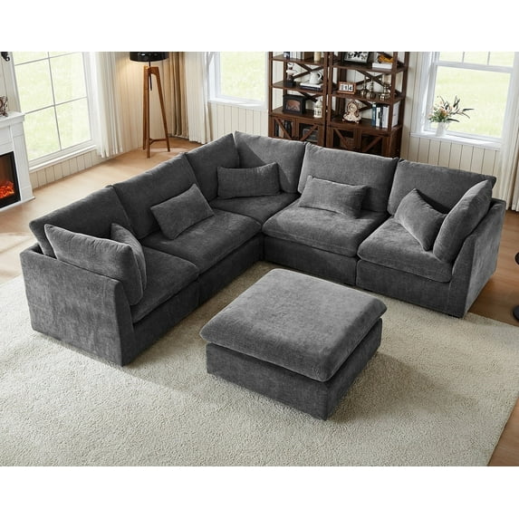 CHIC HOUSE Oversized Modular Sofa,Extra Deep Cloud Corduroy Sectional Couch with Ottoman Chaise,FSC Certified Fluffy Chenille Corner V Shape Sofa for Living Room,Villa