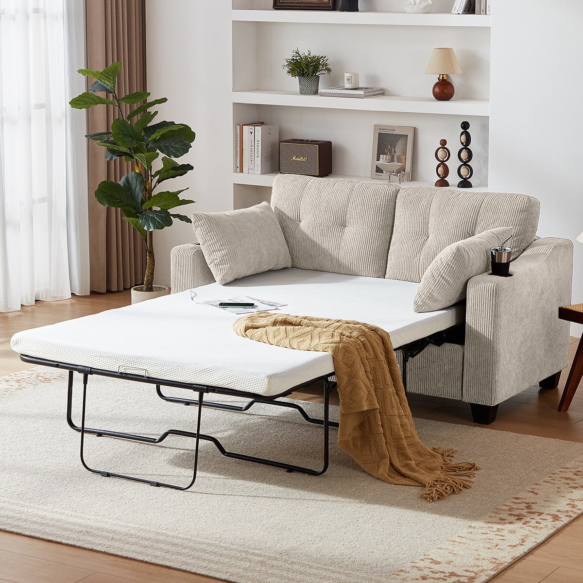 CHIC HOUSE Pull Out Sofa Bed Couch Full Size with Mattress USB, Convertible Sleeper Sofa Loveseat for Small Spaces RV, Corduroy Pull Out Couch Bed for Living Room with Cup Holders LED Lights, Beige