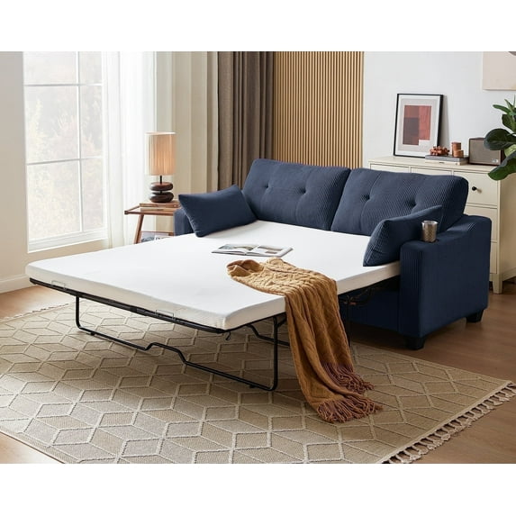CHIC HOUSE Queen Corduroy Pull Out Sofa Bed, Sleeper Sofa with Memory Foam Mattress & USB Charging, Convertible Loveseat Couch for Living Room, Small Spaces, Navy Blue