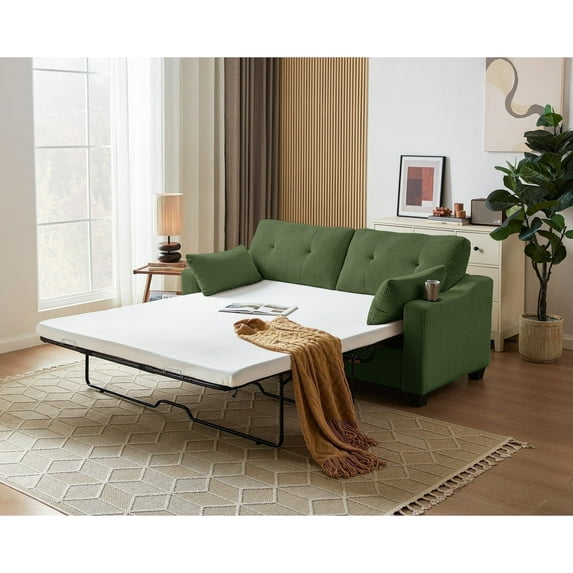 CHIC HOUSE Pull Out Sofa Bed Couch Queen Size with Mattress USB, Convertible Sleeper Sofa Loveseat for Small Spaces RV, Corduroy Pull Out Couch Bed for Living Room with Cup Holders LED Lights, Green