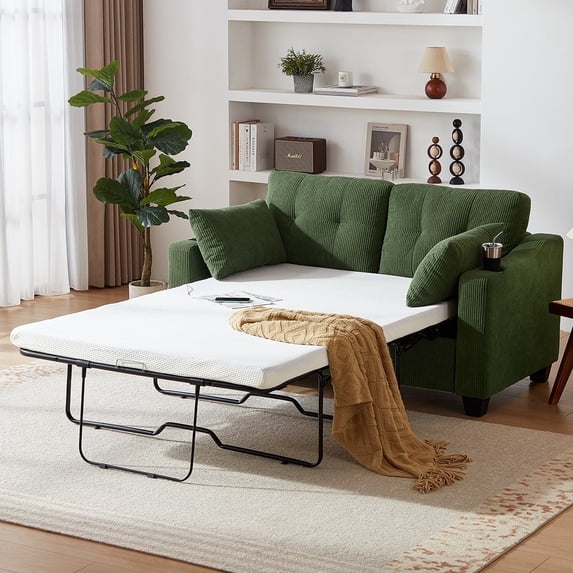 CHIC HOUSE Pull Out Sofa Bed Couch Full Size with Mattress USB, Convertible Sleeper Sofa Loveseat for Small Spaces RV, Corduroy Pull Out Couch Bed for Living Room with Cup Holders LED Lights, Green
