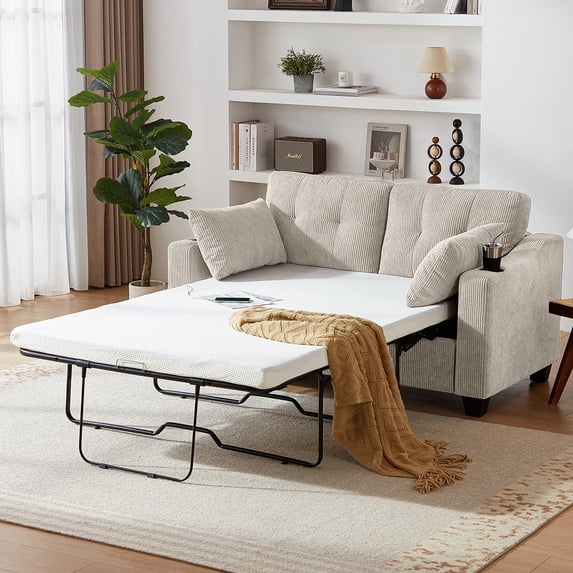 CHIC HOUSE Pull Out Sofa Bed Couch Full Size with Mattress USB, Convertible Sleeper Sofa Loveseat for Small Spaces RV, Corduroy Pull Out Couch Bed for Living Room with Cup Holders LED Lights, Beige