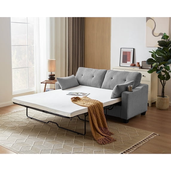 CHIC HOUSE Pull Out Sofa Bed Couch Queen Size with Mattress USB, Convertible Sleeper Sofa Loveseat for Small Spaces RV, Corduroy Pull Out Couch Bed for Living Room with Cup Holders LED Lights, Gray