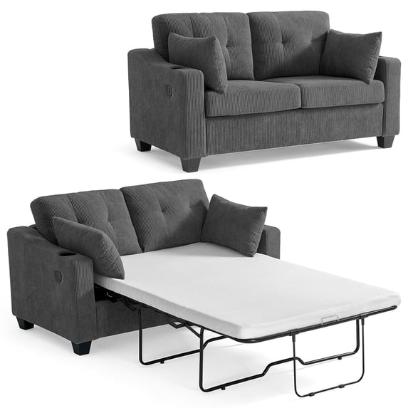 CHIC HOUSE Full Corduroy Pull Out Sofa Bed, Sleeper Sofa with Memory Foam Mattress & USB Charging, Convertible Loveseat Couch for Living Room, Small Spaces, Deep Gray