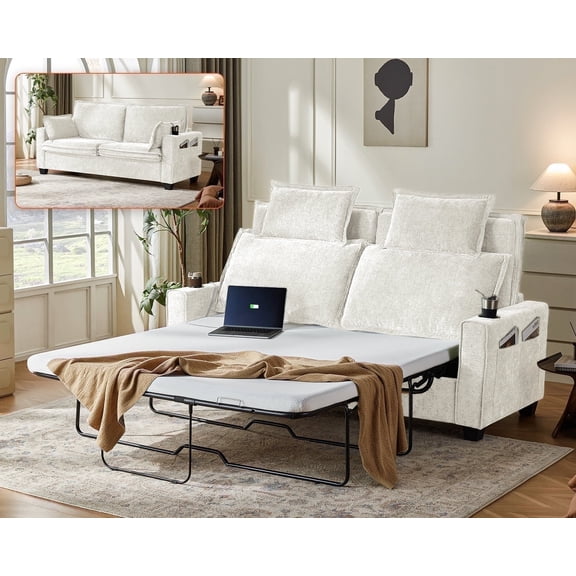 CHIC HOUSE Queen Sleeper Sofa Bed Pull Out Couch with Mattress USB, Convertible Chenille Couch for Living Room, Loveseat Sleeper Bed for Small Spaces, RV Sofa Sleeper with Cup Holder LED Light, Beige