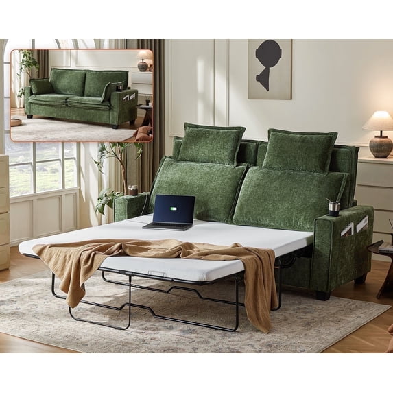 CHIC HOUSE Queen Sleeper Sofa Bed Pull Out Couch with Mattress USB, Convertible Chenille Couch for Living Room, Loveseat Sleeper Bed for Small Spaces, RV Sofa Sleeper with Cup Holder LED Light, Green