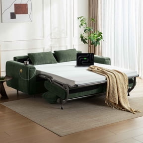 CHIC HOUSE Queen Sleeper Sofa Bed with Mattress, Pull Out Couch with USB Charging, Cup Holders & LED Light, Convertible Chenille Loveseat for Living Room RV Small Spaces, Green