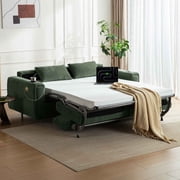 CHIC HOUSE Queen Sleeper Sofa Bed with Mattress, Pull Out Couch with USB Charging, Cup Holders & LED Light, Convertible Chenille Loveseat for Living Room RV Small Spaces, Green