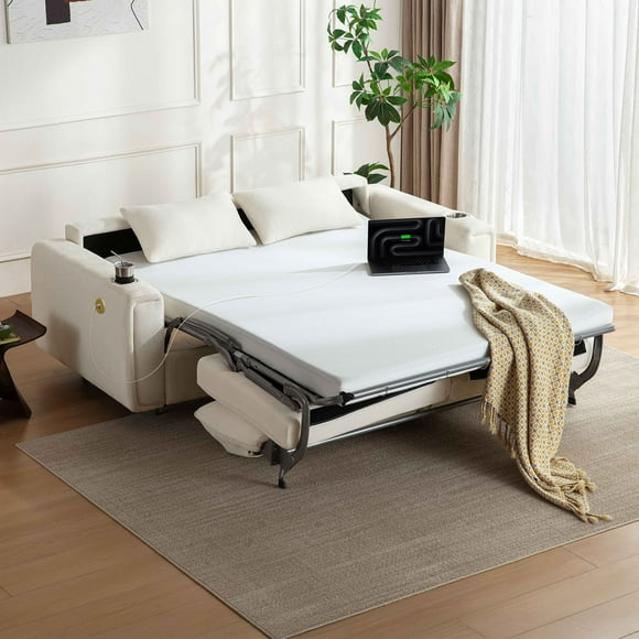 CHIC HOUSE Queen Sleeper Sofa Bed with Mattress, Pull Out Couch with USB Charging, Cup Holders & LED Light, Convertible Chenille Loveseat for Living Room RV Small Spaces, White