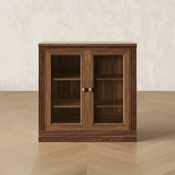 CHIC HOUSE Storage Cabinet with Acrylic Doors & Shelves, Modular Fluted Sideboard Buffet Cabinets, Small Coffee Bar Kitchen Pantry, Farmhouse Media Console Cabinet for Living Room, Bedroom, Walnut