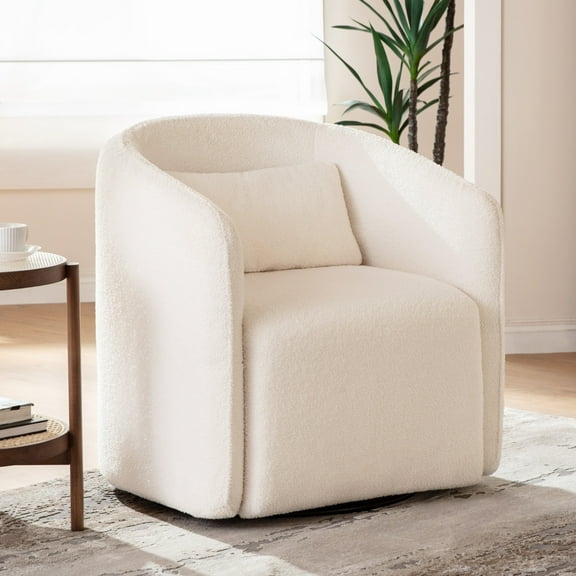 CHIC HOUSE Swivel Accent Chair for Living Room with Hidden Storage, Upholstered in Teddy Velvet, Small Barrel Chair for Bedroom with Plump Pillow, Comfy Round Armchair Reading Cushion Chair, White