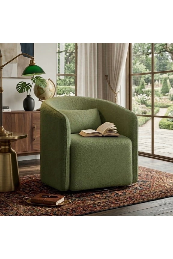 Swivel Accent Chair with Hidden Storage, Teddy Velvet Upholstered Green Barrel Chair with Pillow, Comfy Round Reading Chair for Living Room Bedroom
