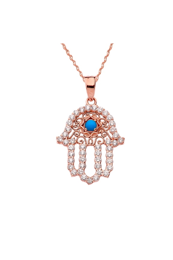 CHIC TURQUOISE HAMSA PENDANT NECKLACE IN ROSE GOLD : 14K Pendant with 18" chain