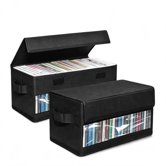 CHICAURA Attached Lid DVD Storage Box with Window for Blu-ray CD Storage, 2 Pack, 14.2 x 6.3 x 5.5 in, Black