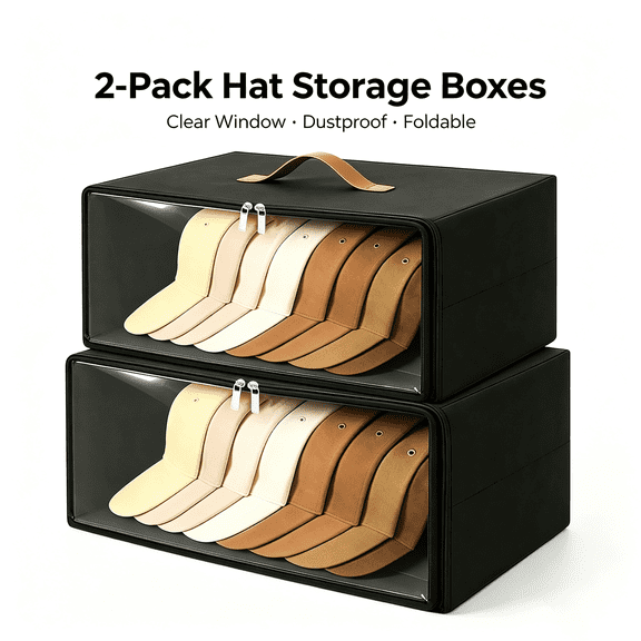 CHICAURA Dustproof Non Woven Hat Storage Box for Hats, 2 Pack, 15.7x9x7.5 in, Black