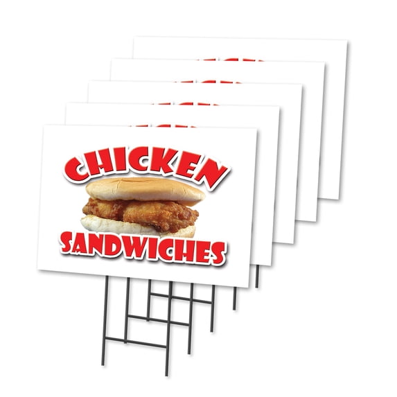 CHICKEN SANDWICHES 5 Pack Of 12" x 16" Yard Sign & Stake outdoor plastic window | Advertise Your Business | Stake Included Image On Front Only | Made in The USA