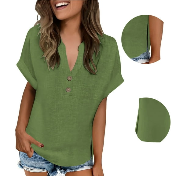CHICLOOM Under $9 T Shirts for Women Short Sleeve Fashionable Casual V Neck Button Slit Womens Tops Plus Size XXL