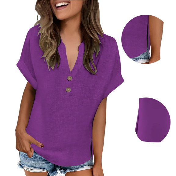 CHICLOOM Under $9 T Shirts for Women Short Sleeve Fashionable Casual V Neck Button Slit Womens Tops Plus Size XXXL