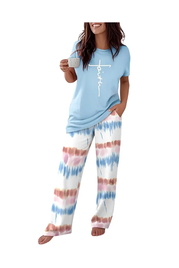 Pajamas for Womens Letter Print Round Neck Short Sleeve Tops and Tie Dye Print Elastic Waist Loose Fit Pants Casual Loungewear Set Blue-M