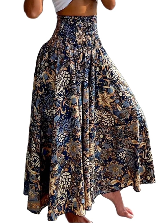 Boho Floral Pants for Women Shirred High Waisted Wide Leg Flowy Trousers Summer Beach Vacation Pants Blue-S