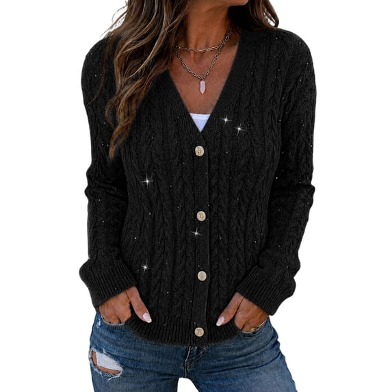 CHICME Cardigan Sweaters for Women Sparkle Rhinestone Cable Knit V-Neck Long Sleeve Button Down Lightweight Fall Sweater Black-XL